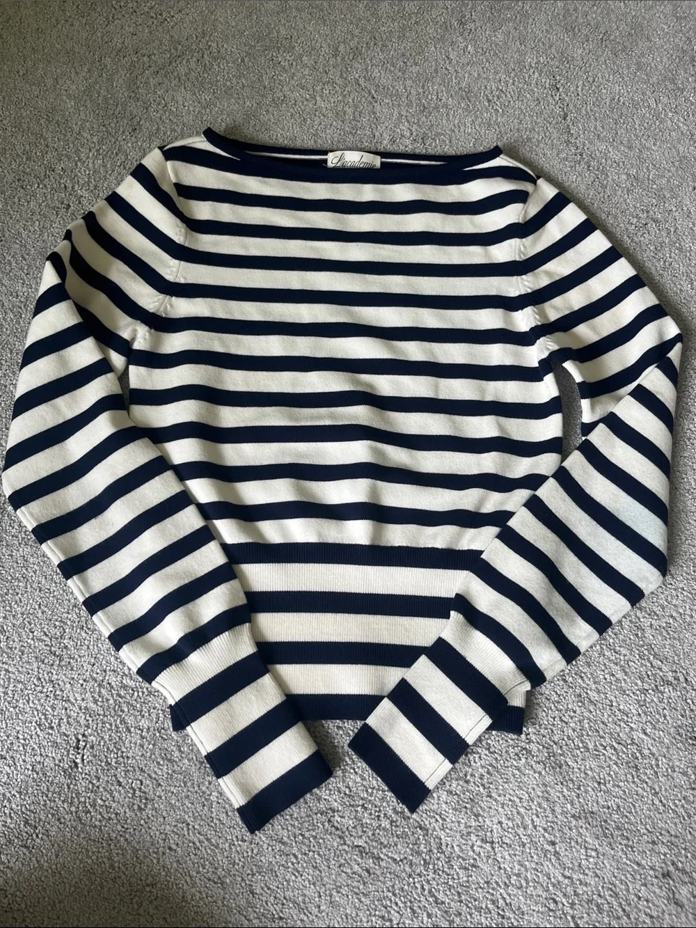 L'Academie Navy and White Striped Off-the-Shoulder Sweater